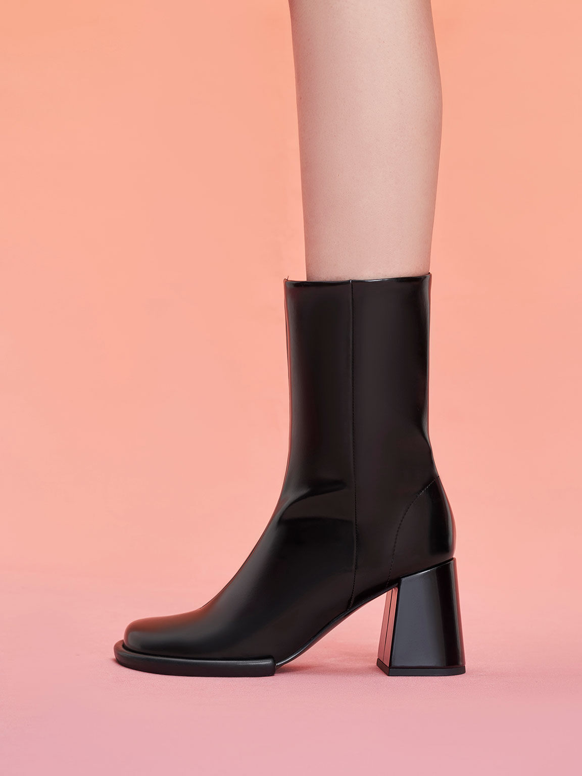 Tubular Zip-Up Calf Boots, Black, hi-res