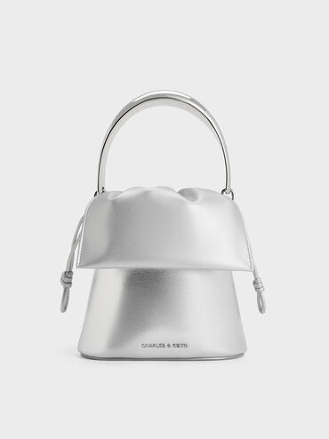 Metallic Ruched-Flap Drawstring Bucket Bag, Silver, hi-res