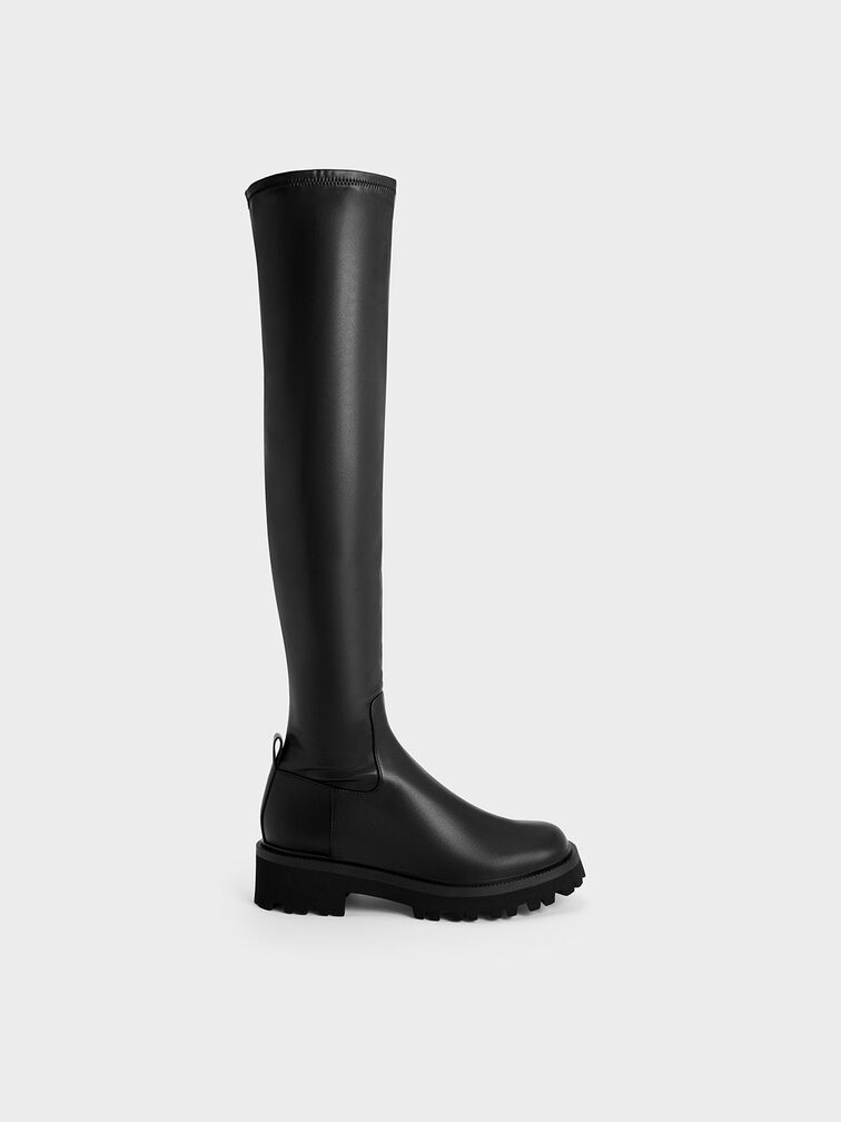 Platform Thigh High Boots, Black, hi-res