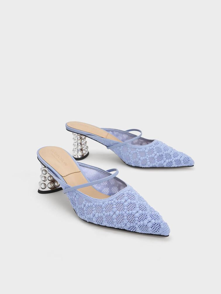 Mules de croché y cuero con tacón decorado, Azul, hi-res