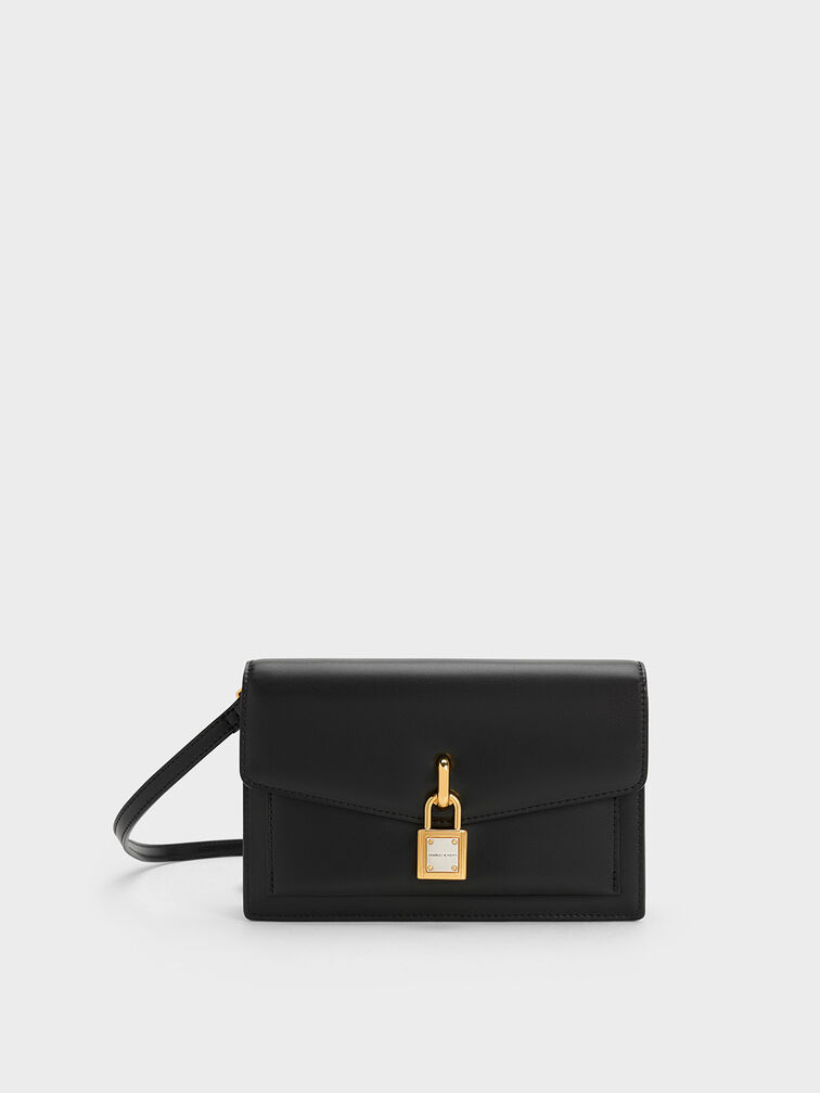 Padlock Envelope Crossbody Bag, Black, hi-res