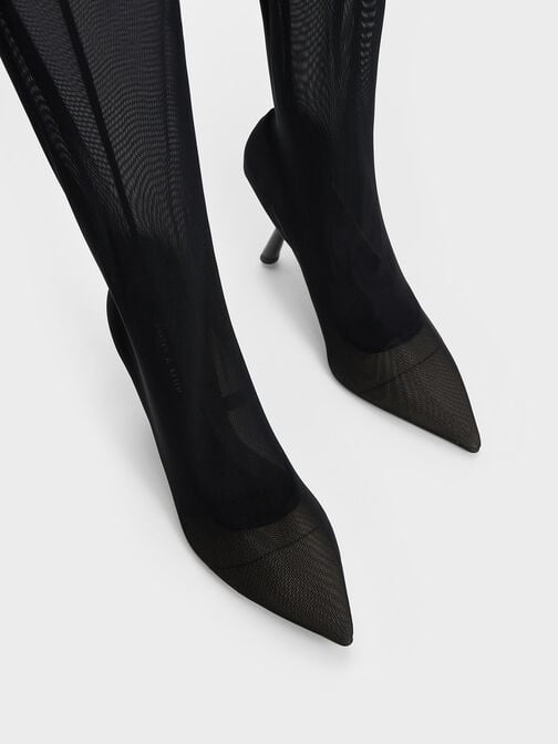Mesh Slant-Heel Thigh-High Boots, Black Textured, hi-res