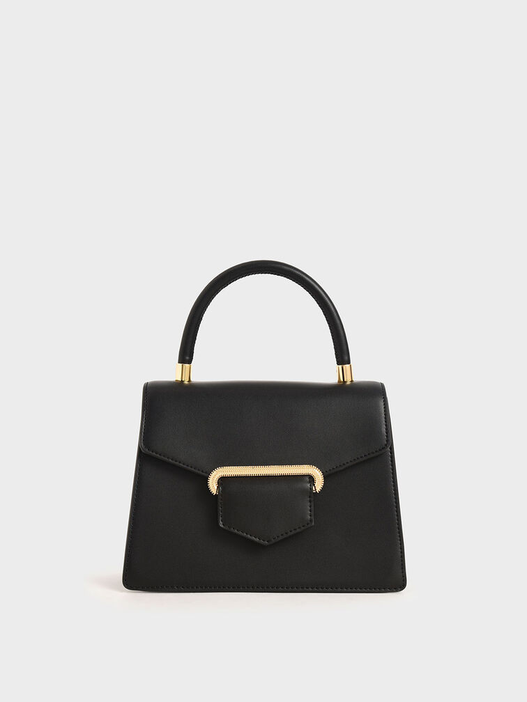 Leather Metallic Accent Handbag, Black, hi-res