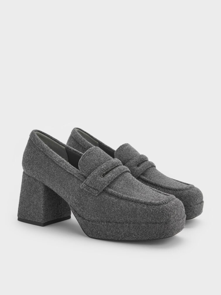 Felt Platform Block-Heel Loafer Pumps, Grey Felt Platform Block-Heel Loafer Pumps, Grey, hi-res
