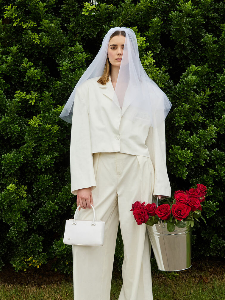 Bolso tote rectangular de satén, Blanco, hi-res