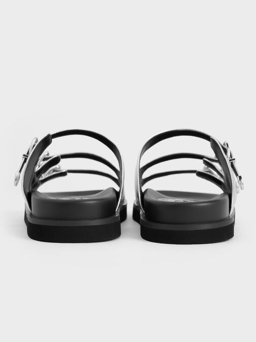 Metallic Buckled Triple-Strap Sandals, Silver, hi-res