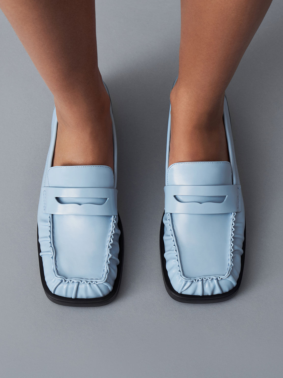 Ruched Square-Toe Loafers, Light Blue, hi-res