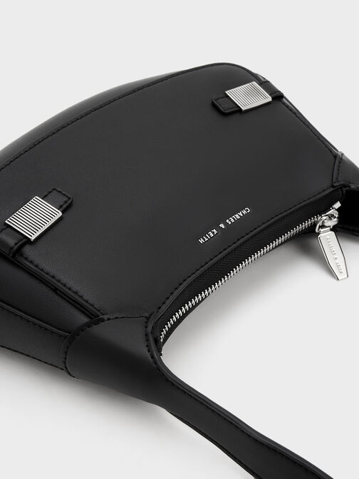 Metallic-Accent Curved Shoulder Bag, Black, hi-res