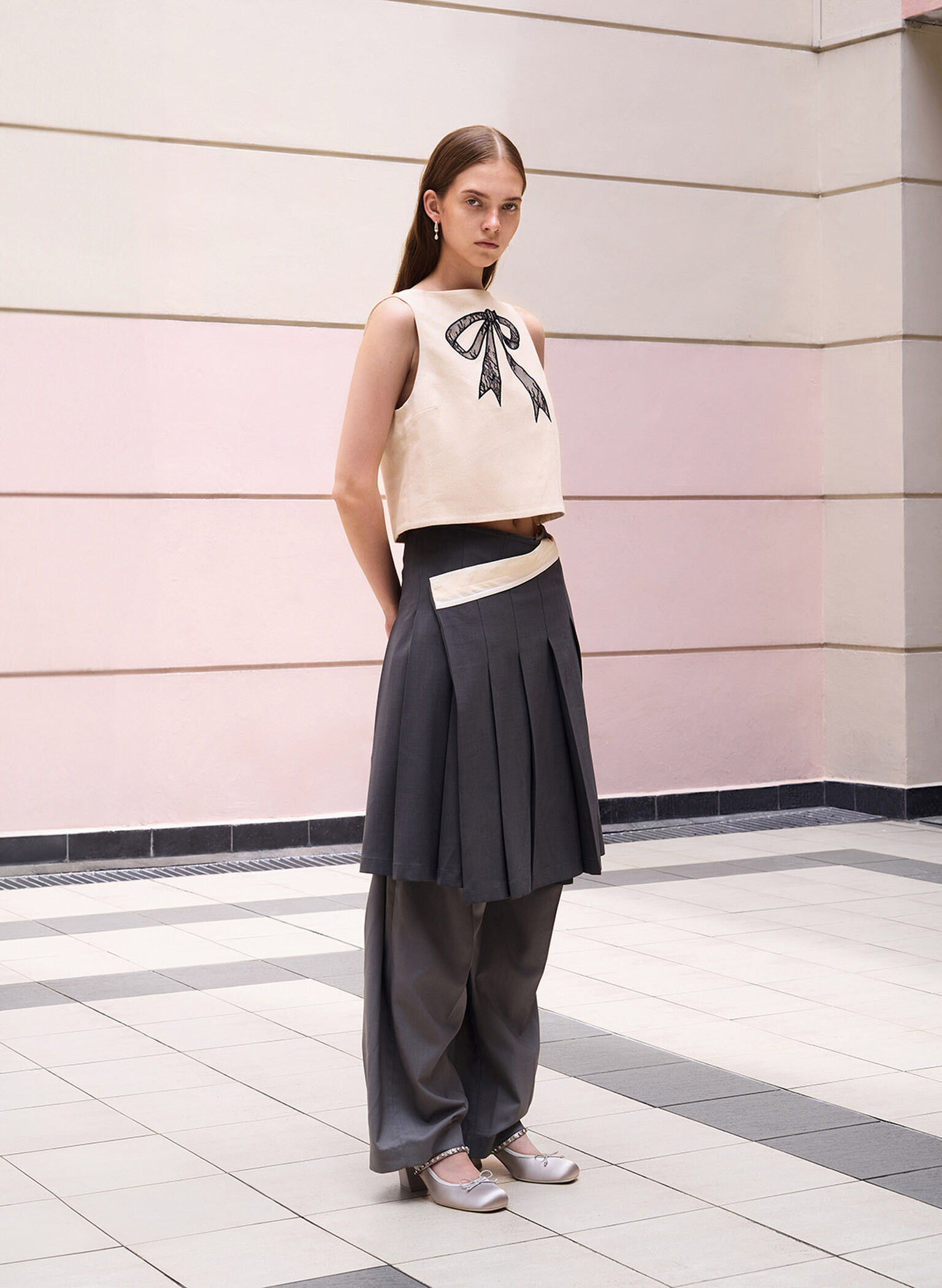 Satin Gem-Embellished Bow Mary Jane Pumps, Light Grey, hi-res