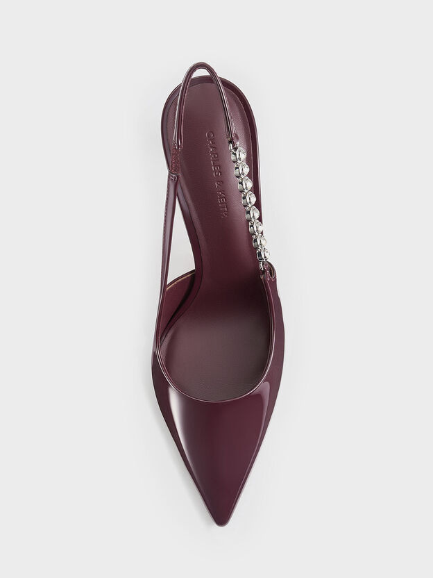 Zapatos de tac&oacute;n slingback Flores con tiras de charol y piedras preciosas, Burdeos, hi-res