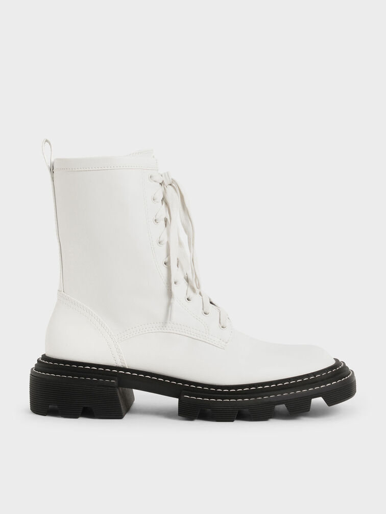 Lace-Up Chunky Ankle Boots, White, hi-res