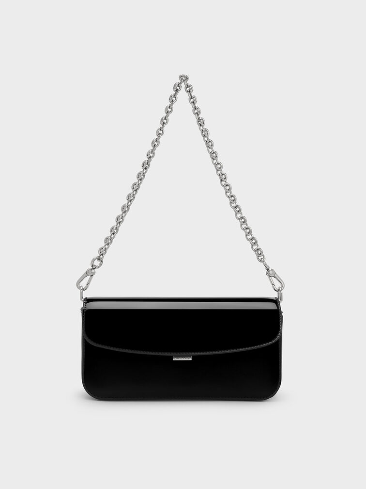 Patent Chain-Handle Shoulder Bag, Noir, hi-res