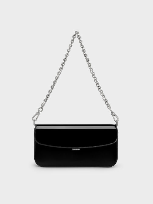 Patent Chain-Handle Shoulder Bag, Noir, hi-res