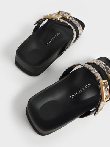 Snake Print Buckle Strap Slide Sandals, Animal Print Natural, hi-res