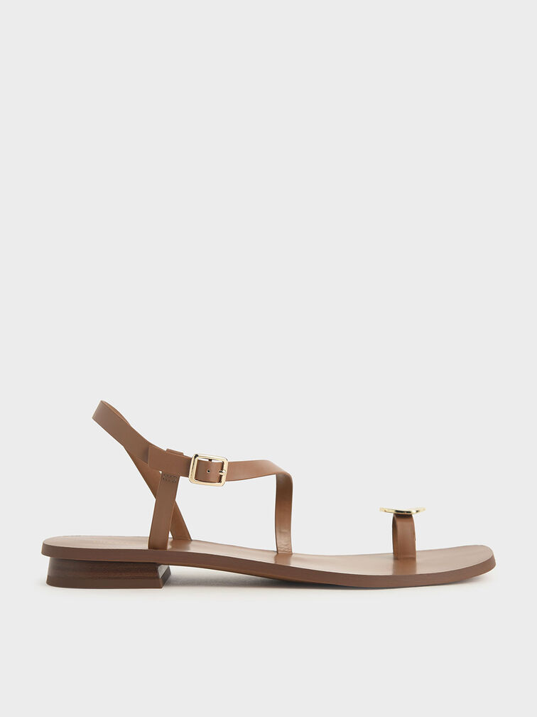 Metal Accent Toe Loop Sandals, Brown, hi-res