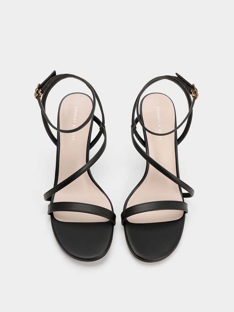 Sandalias de tiras asimétricas con tacón, Negro, hi-res