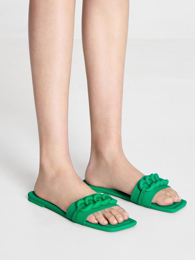 Chunky Chain-Link Slide Sandals, Green, hi-res
