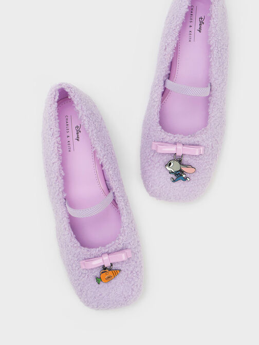 Girls' Judy Hopps Furry Bow Ballerinas, Lilac, hi-res