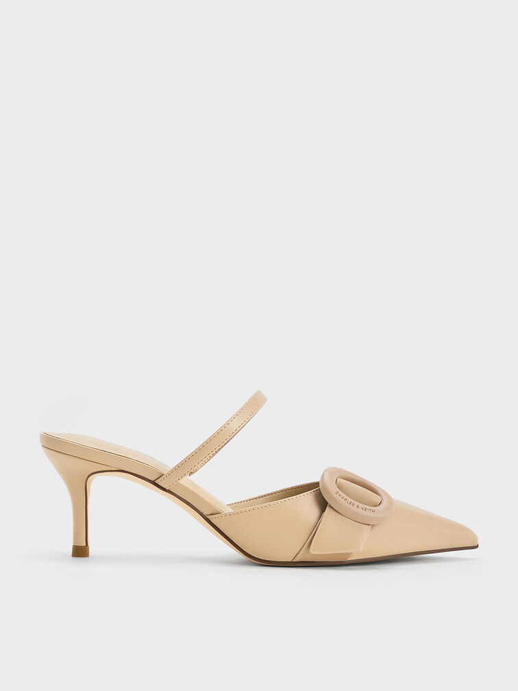 Beige Oval-Buckle Pointed-Toe Mules - CHARLES & KEITH MY