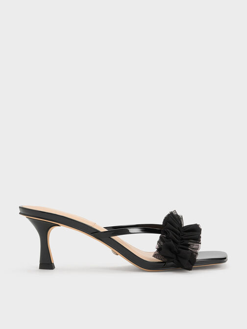 Patent Leather Ruffled Mesh Heeled Mules, Black, hi-res