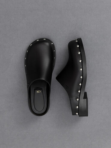 Leather Studded Clogs, Black, hi-res