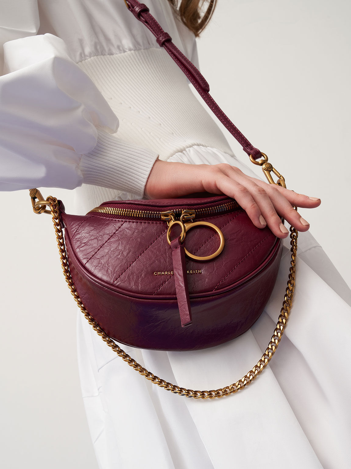 Burgundy Philomena Wrinkled Effect Half Moon Crossbody Bag