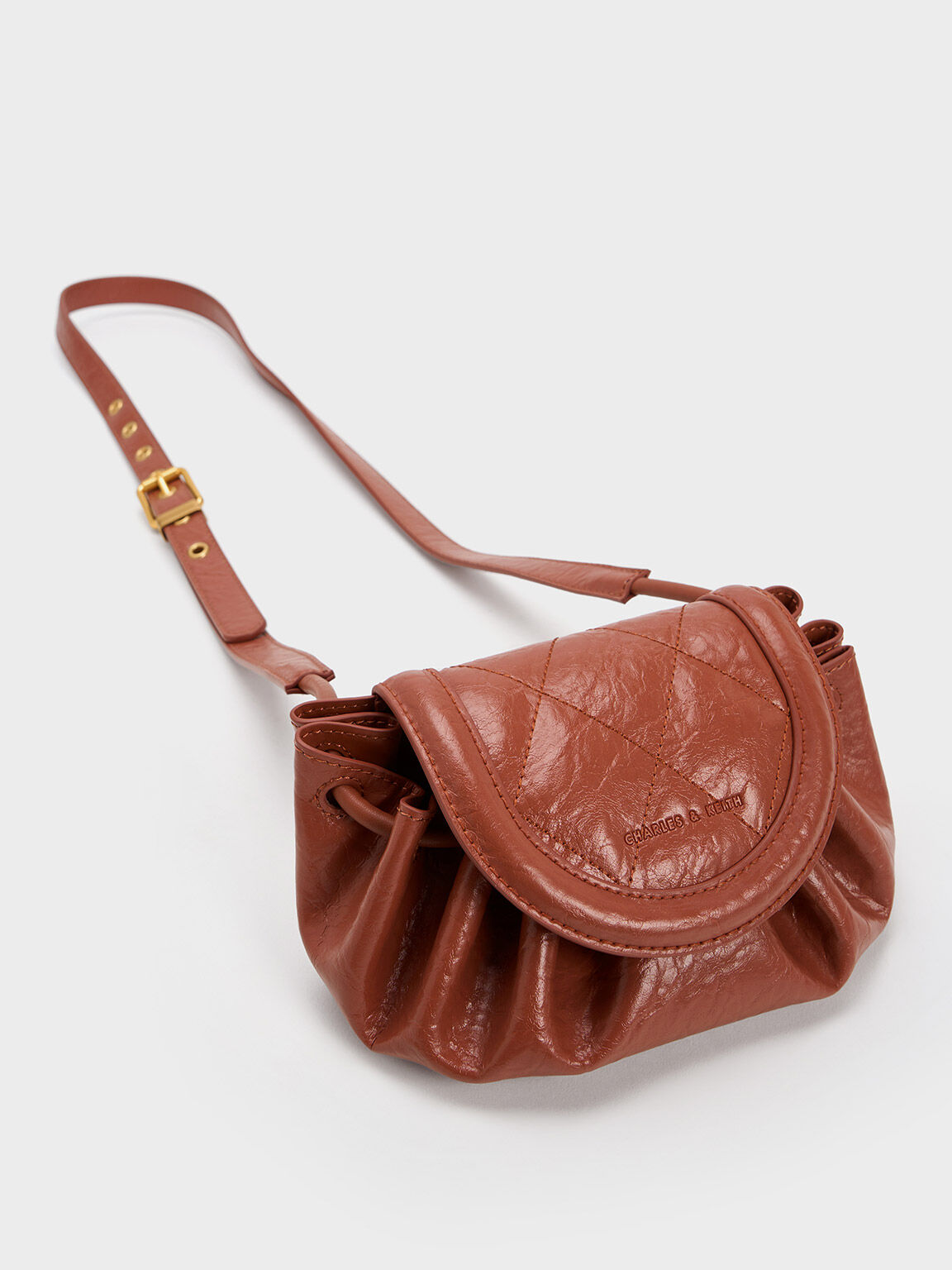 Mini Blossom Curved Flap Quilted Crossbody Bag, Brick, hi-res