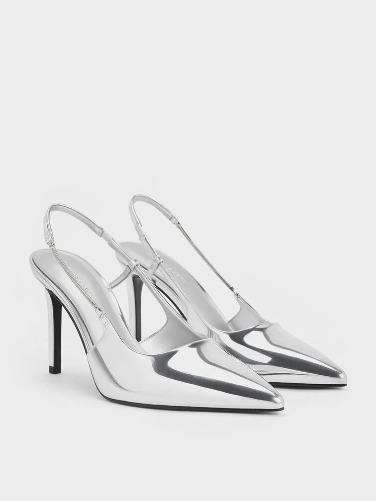 Zapatos destalonados metálicos con correa de cadena, Plateado, hi-res