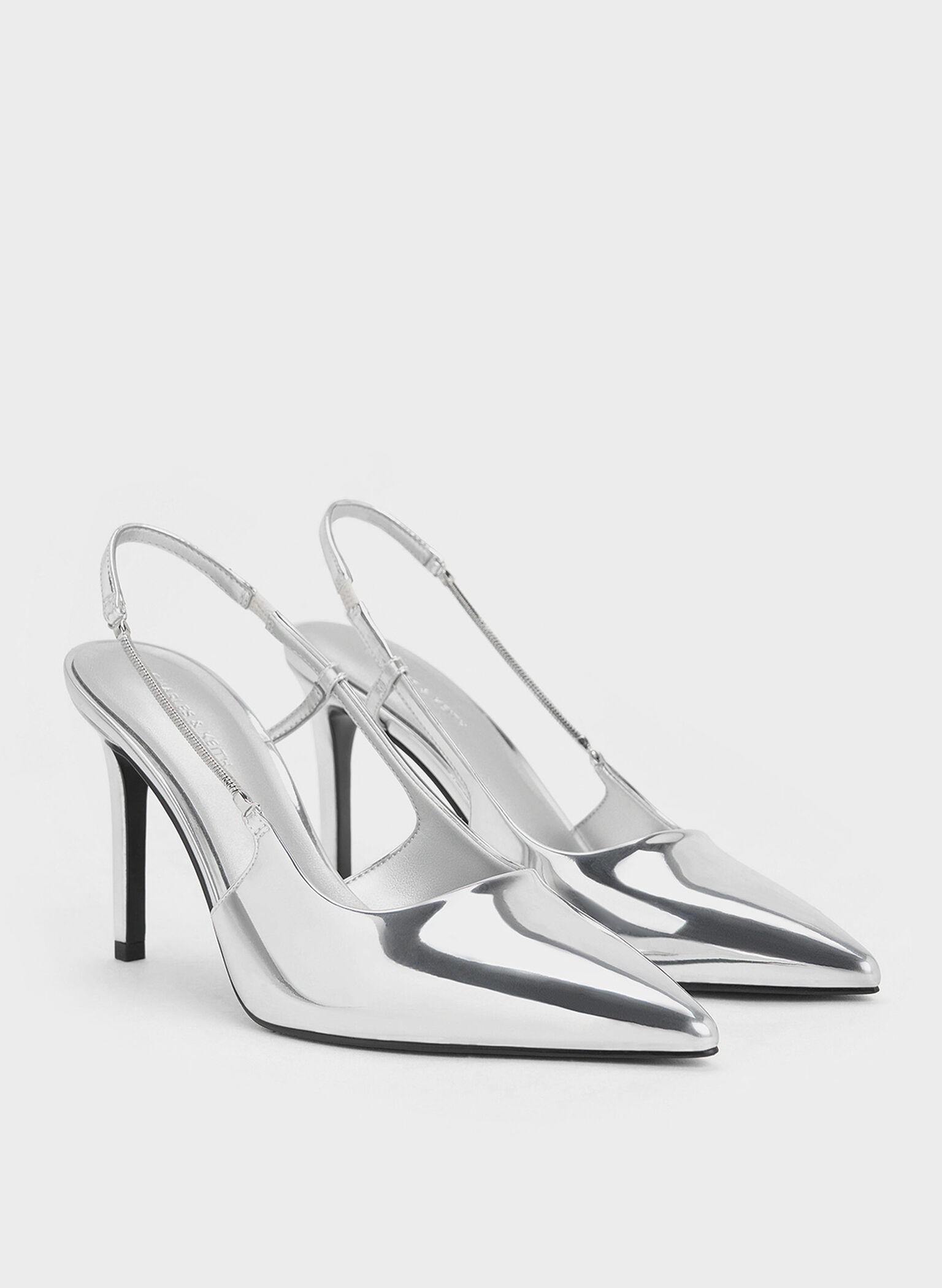 Metallic Chain-Strap Pointed-Toe Slingback Pumps, Silver, hi-res