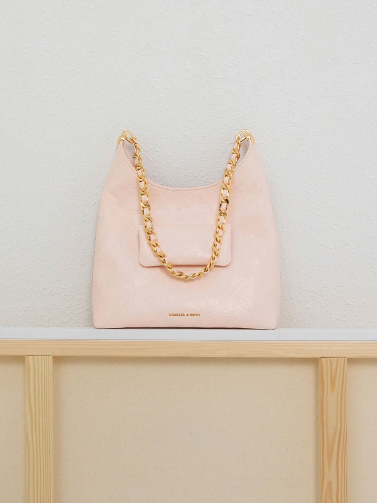 Bolso hobo Duo acolchado con cadena y bolsillo frontal, Rosa suave, hi-res
