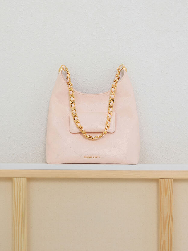 Duo Quilted Front-Pocket Chain Hobo Bag, Soft Pink, hi-res