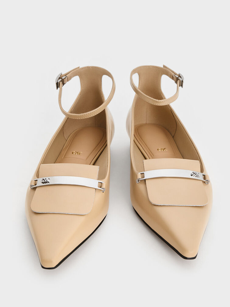 Leather Metallic-Accent Pointed-Toe Ankle-Strap Flats, Beige, hi-res
