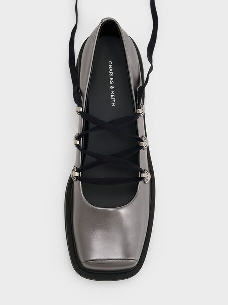 Metallic Heart-Embellished Lace-Up Ballet Flats, Pewter, hi-res