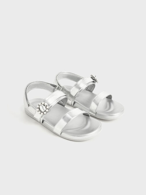 Girls' Bead-Embellished Back-Strap Sandals, Silver, hi-res