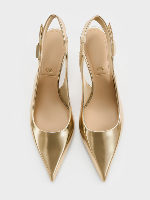 Cody Metallic Leather Pointed-Toe Kitten-Heel Slingback Pumps, Gold, hi-res