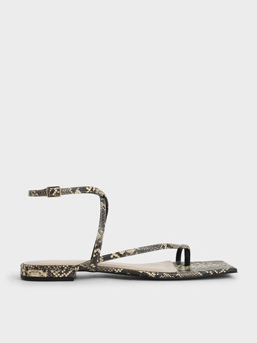 Snake Print Strappy Toe-Ring Sandals, Animal Print Natural, hi-res