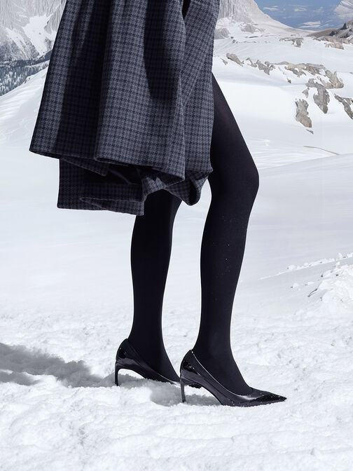 Leather & Patent Pointed-Toe Pumps, Black, hi-res