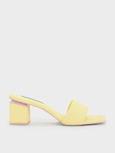 Square Block Heel Mules, Yellow, hi-res