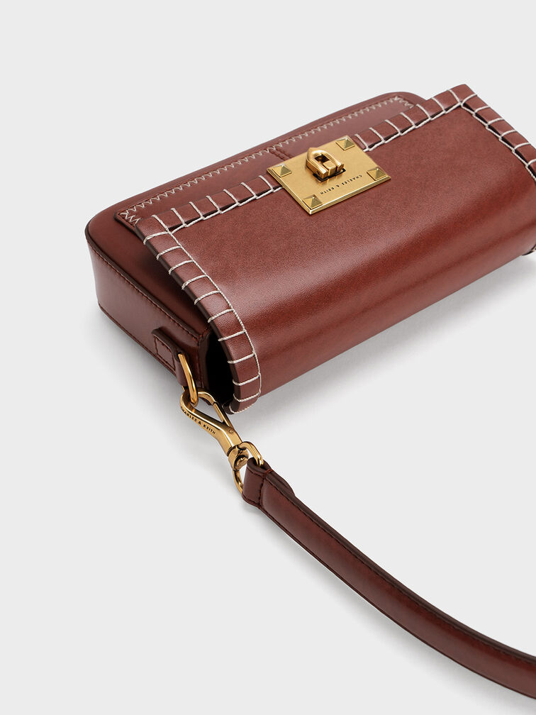 Bolso bombonera Circe con asa superior y puntadas en los bordes, Moka, hi-res