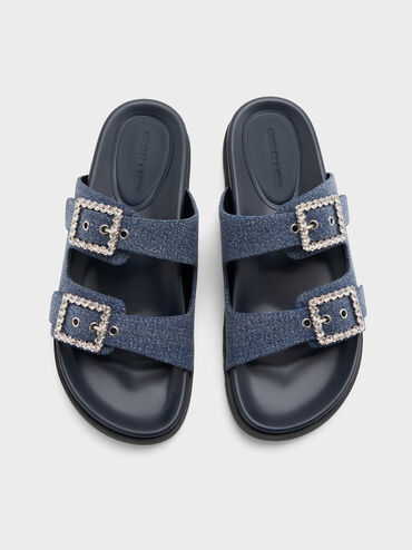 Sandalias denim de doble tira con hebilla adornada con gemas, Azul mezclilla, hi-res