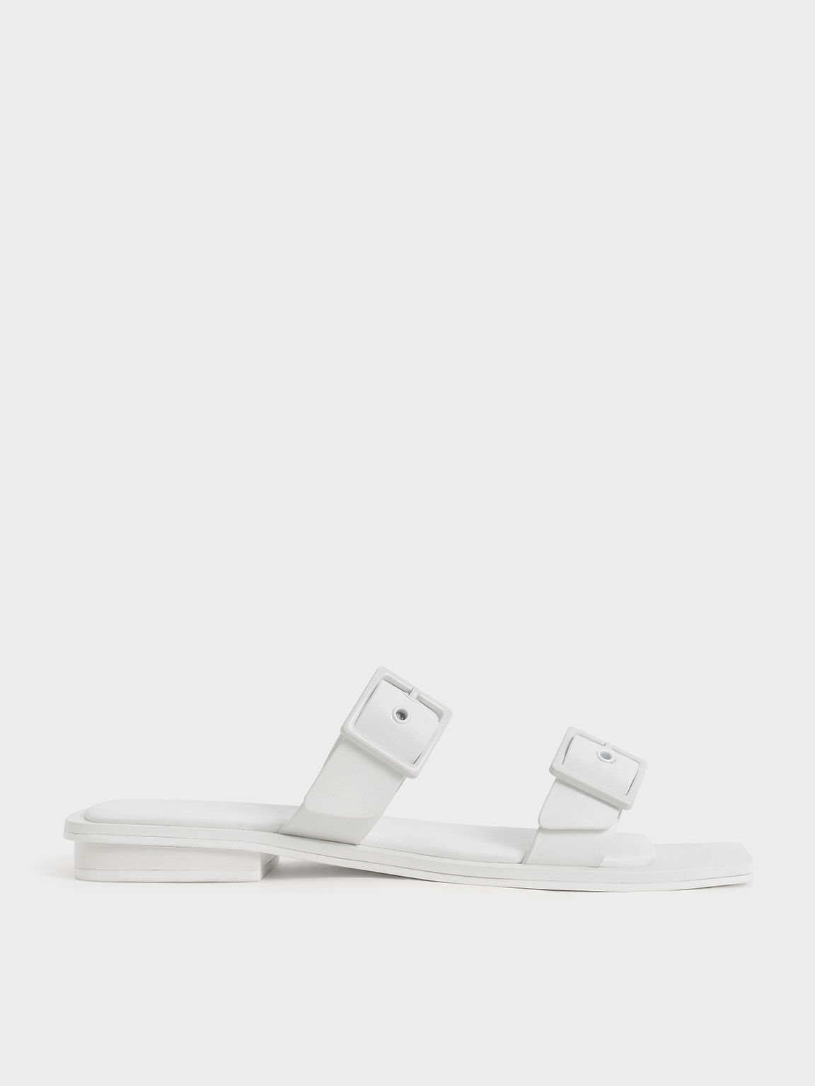 Square Toe Buckled Slide Sandals, White, hi-res