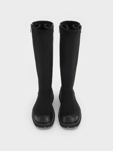 Rosamond Faux Suede Side-Zip Ridged-Sole Knee-High Boots, Black Textured, hi-res