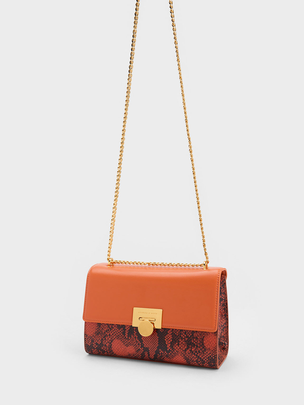 Snake Print Metallic Accent Clutch, Orange, hi-res