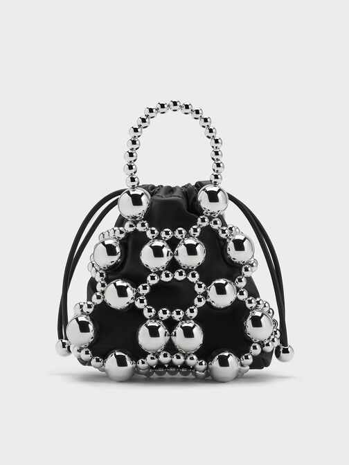 Beaded Top Handle Bag, Silver, hi-res