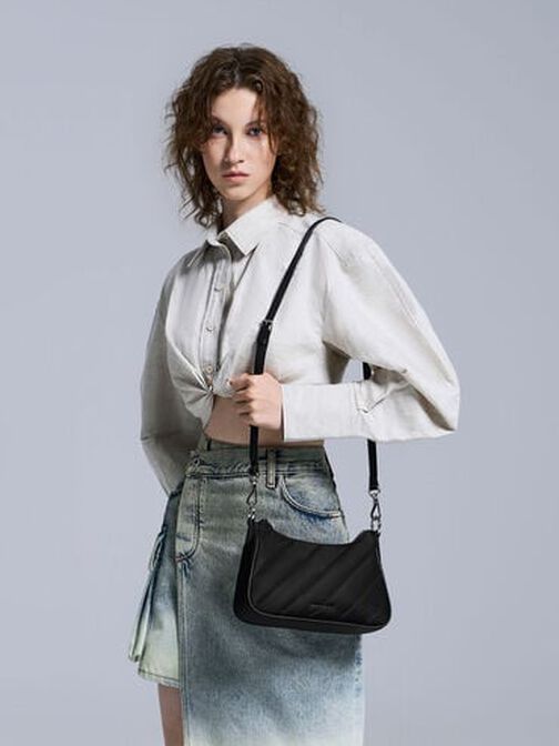 Philomena Nylon Puffy Chain-Strap Crossbody Bag, Noir, hi-res