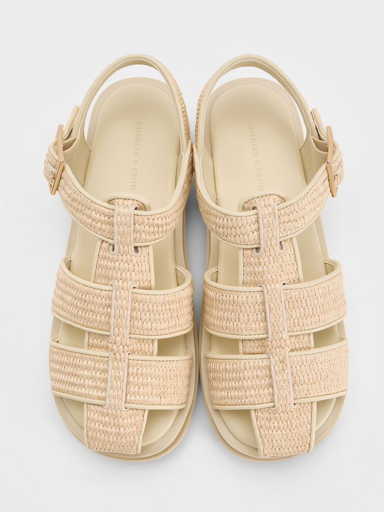 Raffia Caged Sandals, Cream, hi-res