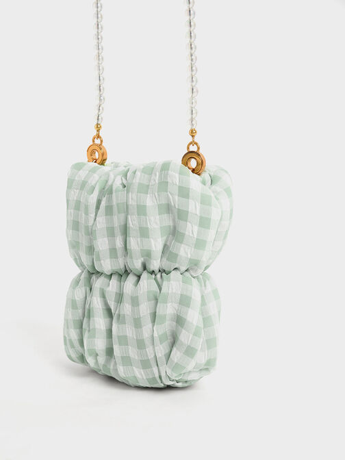 Ruched Bead-Handle Check-Print Crossbody Bag, Green, hi-res
