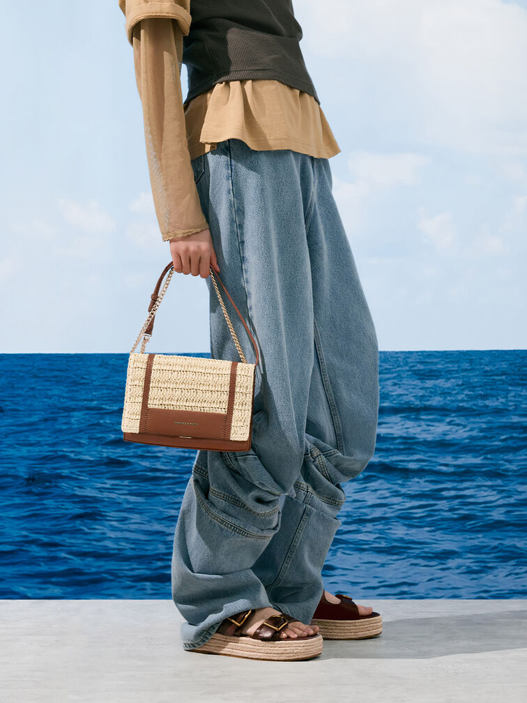 Bolso de hombro de rafia con correa de cadena Shalia, Rafia natural, hi-res