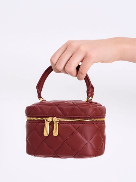 Quilted Vanity Pouch, Burgundy, hi-res