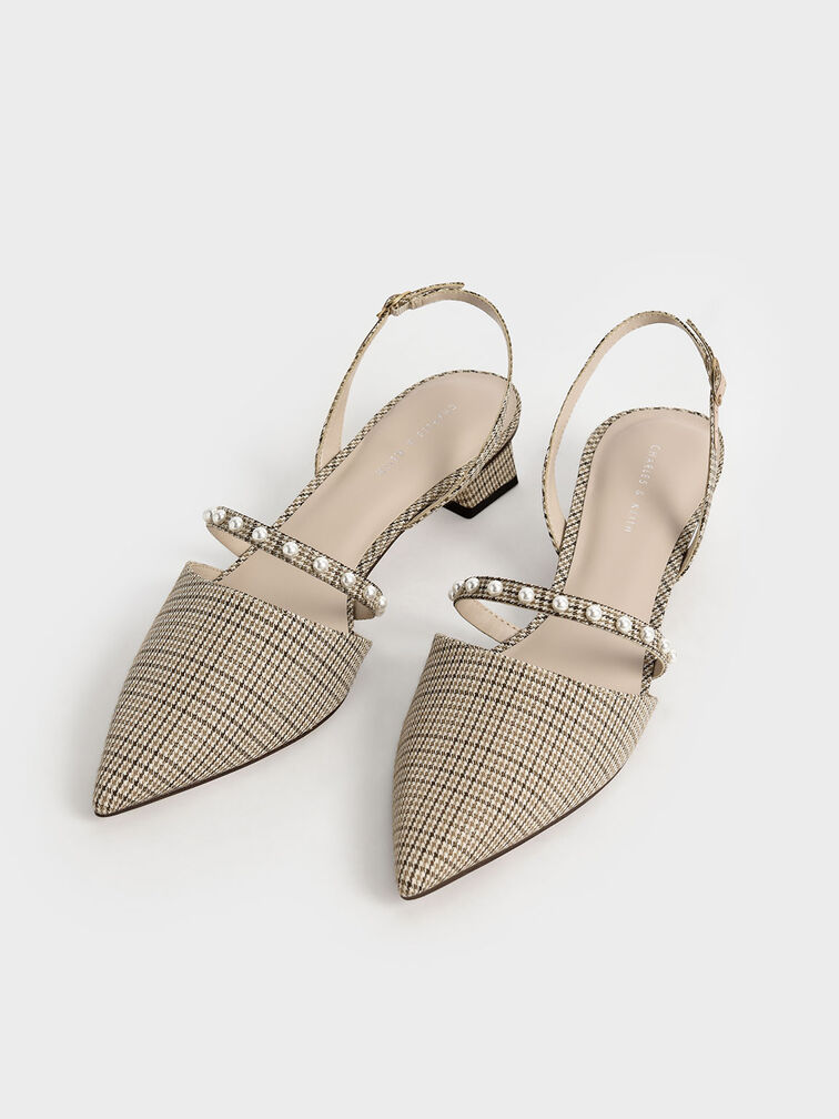 Houndstooth-Print Beaded Slingback Pumps, Multi, hi-res